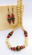 Handmade Wooden Brown Red Silver 21 Necklace and 2 Earring Set. New