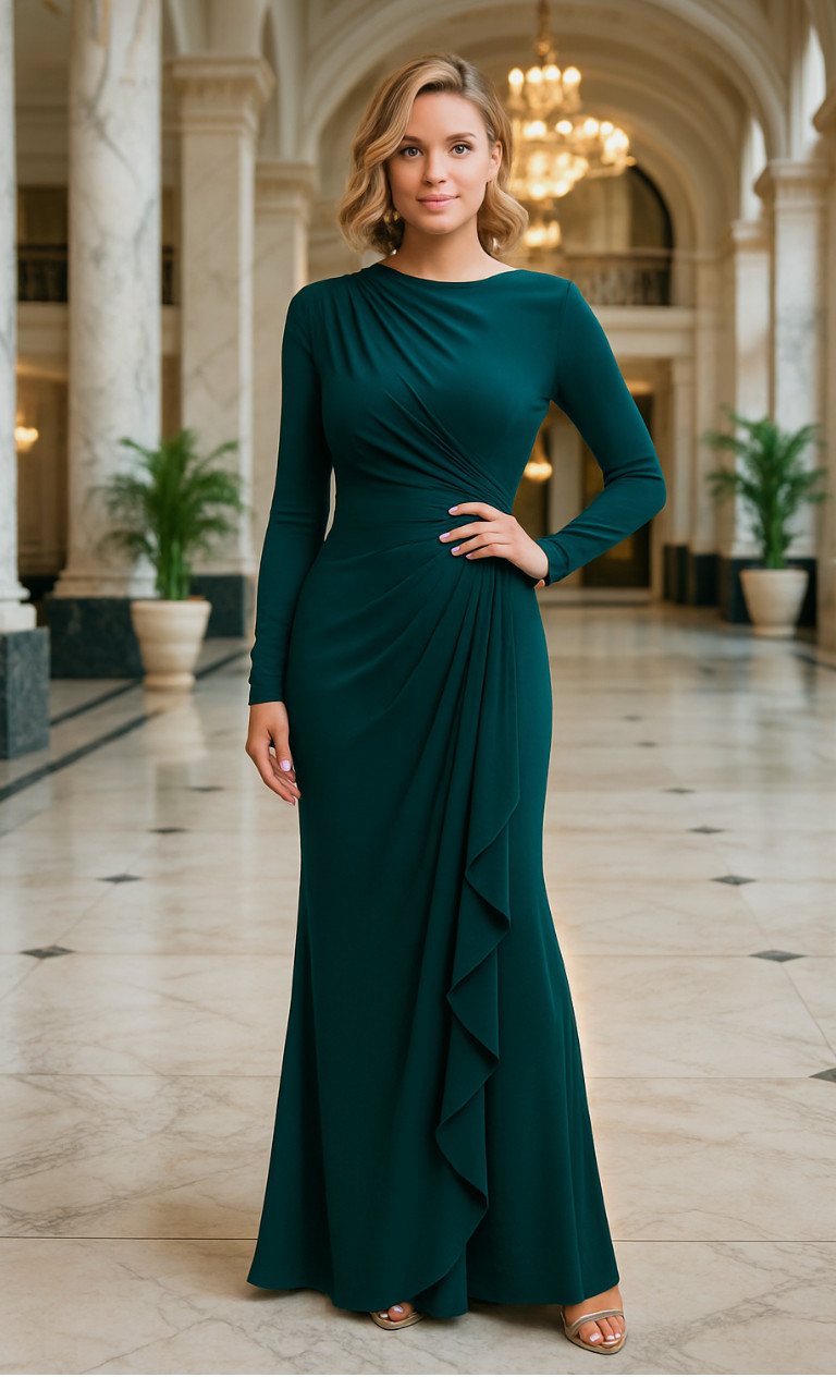 NEW! Betsey & Adam Ruffle Long Sleeve Sheath Gown (Size 12) Forest Green