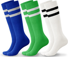 3 Pairs Boys Soccer Athletic Socks Kids Striped Football Knee High Uniform Sport