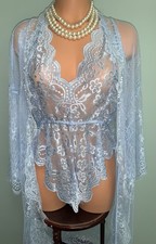 NEW Sheer LACY Lingerie Set XL Crotchless Teddy  Robe Eyelash lace Satin Tie