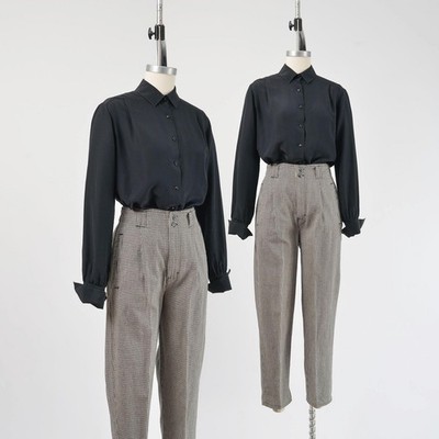 Vintage 80s Pierre Cardin Black Silk Blouse Top Minimalist Button Up Shirt S M