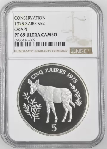 1975 ZAIRE SILVER 5 ZAIRES S5Z OKAPI CONSERVATION NGC PF 69 ULTRA CAMEO