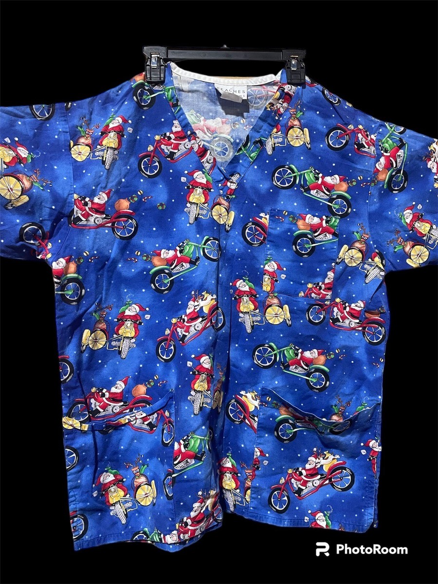 Christmas Scrub Top- Adult Medium- Santa On Motorcycles!! Christmas