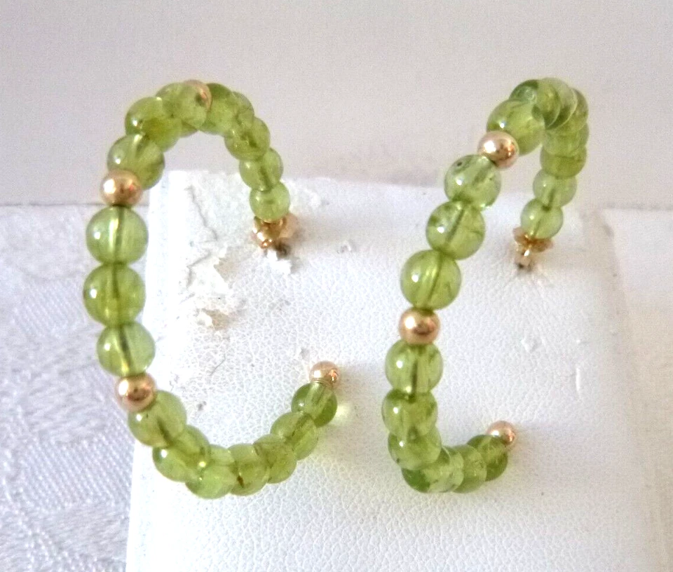 14k Yellow Gold Genuine Peridot Beaded Circle 1.25" Hoop Earrings Pierced - Image 2 of 4