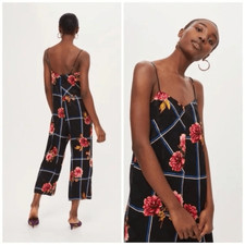 Topshop Black Floral Grid Print Cropped Jumpsuit Size 4