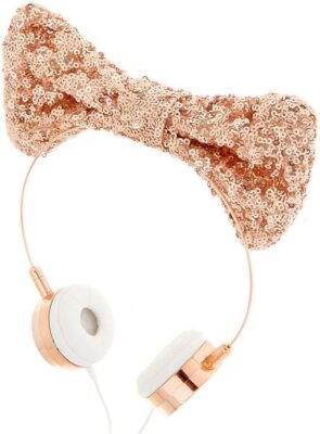 Claire's Rose Gold Sequin Bow Thin Corded Headphones￼  3.5mm
