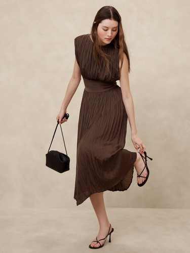 NWT Banana Republic Factory Pleated Midi Dress Dark Oak Sz 4