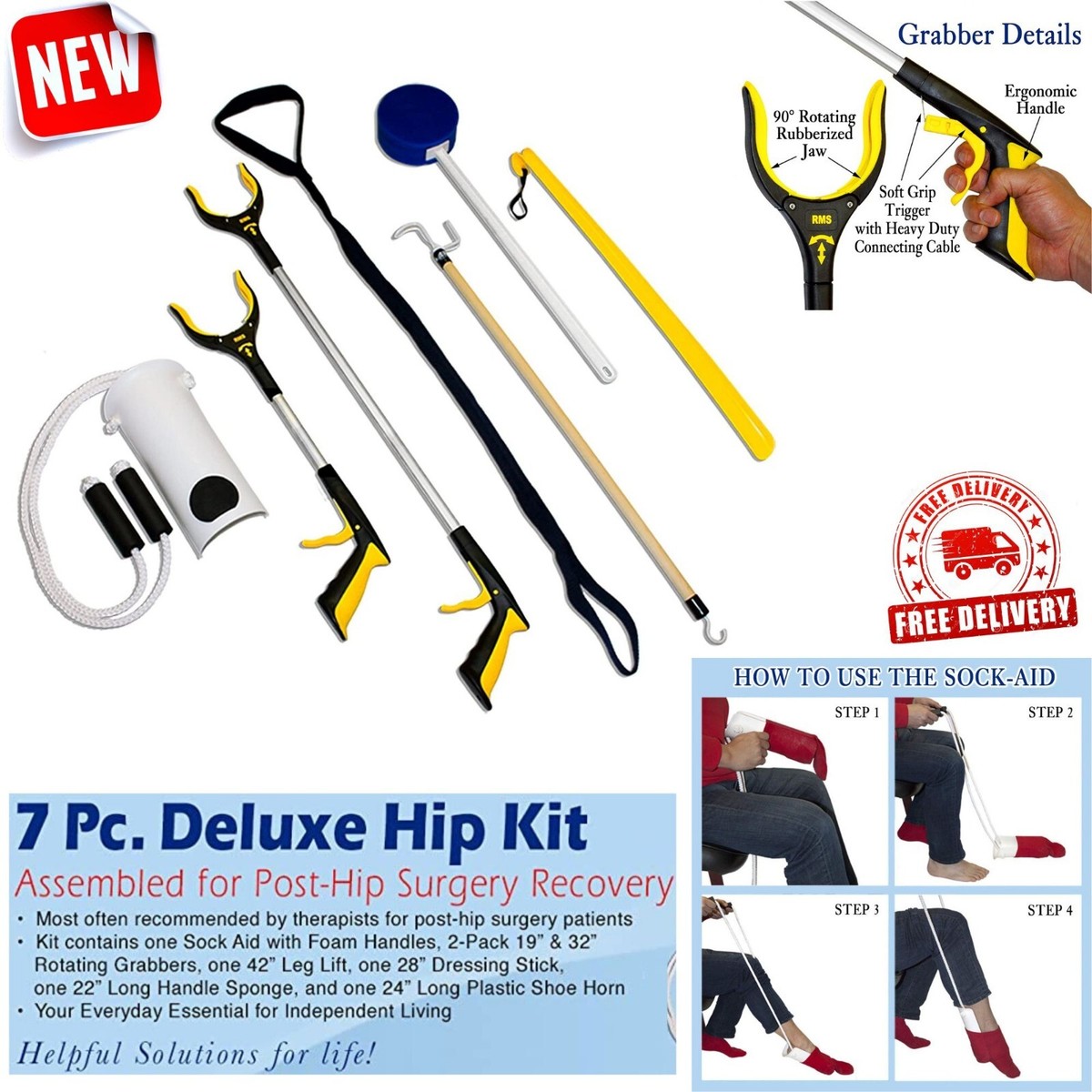 Hip Knee/Back Kit Leg Lifter Reacher Grabber Dressing Shoe Sock