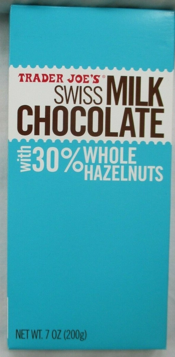 TRADER JOE'S SWISS MILK CHOCOLATE WITH 30% WHOLE HAZELNUTS 7-OZ