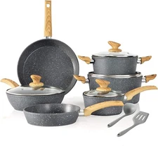 12PCS Nonstick Hammered Granite Kitchen Cookware Cooking Pots Pans Set Grey