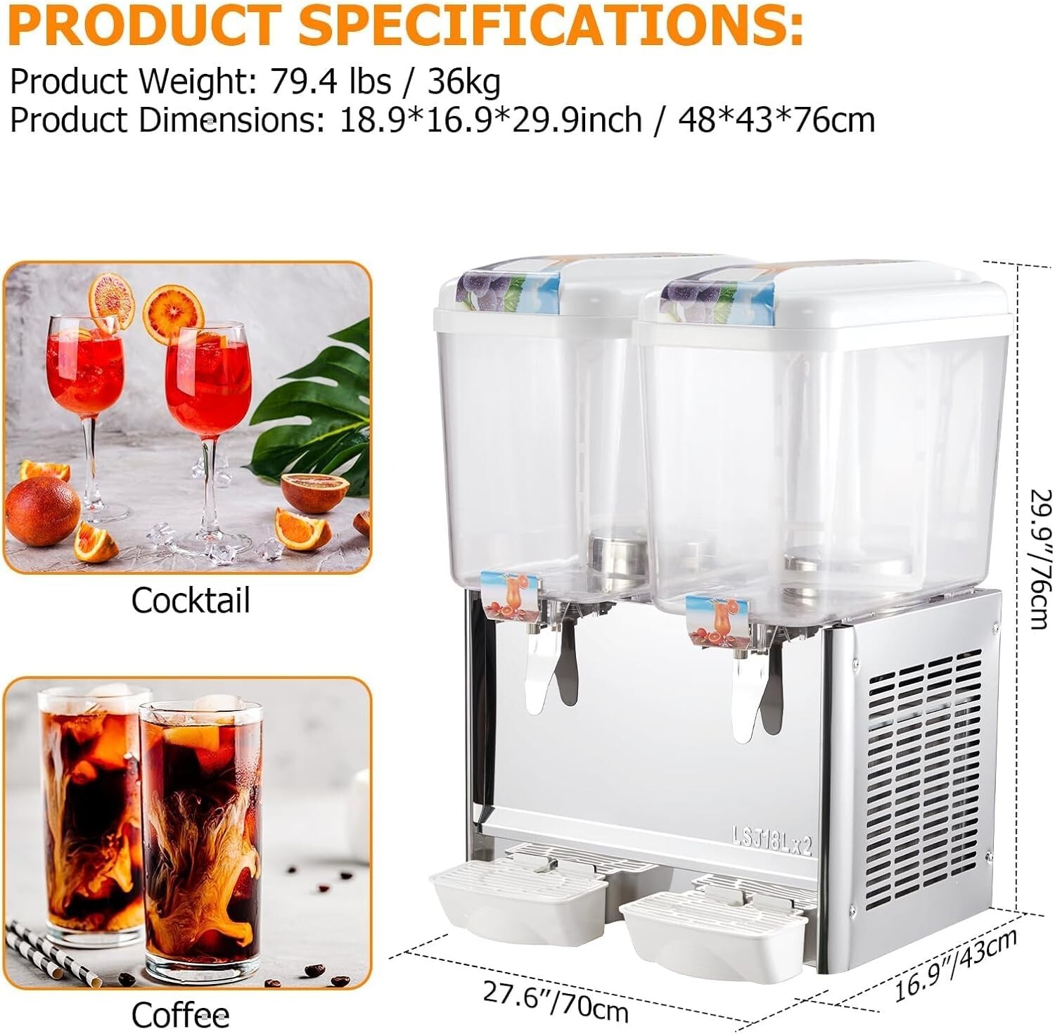 Commercial Beverage Dispenser with 2X18L Dual Tank Ice Tea Drink Machine 370W