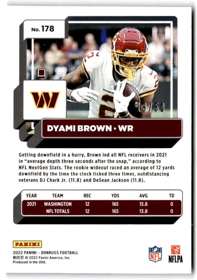 2022 Donruss Press Proof Gold #178 DYAMI BROWN  /50 Washington Commanders  - Image 4 of 4