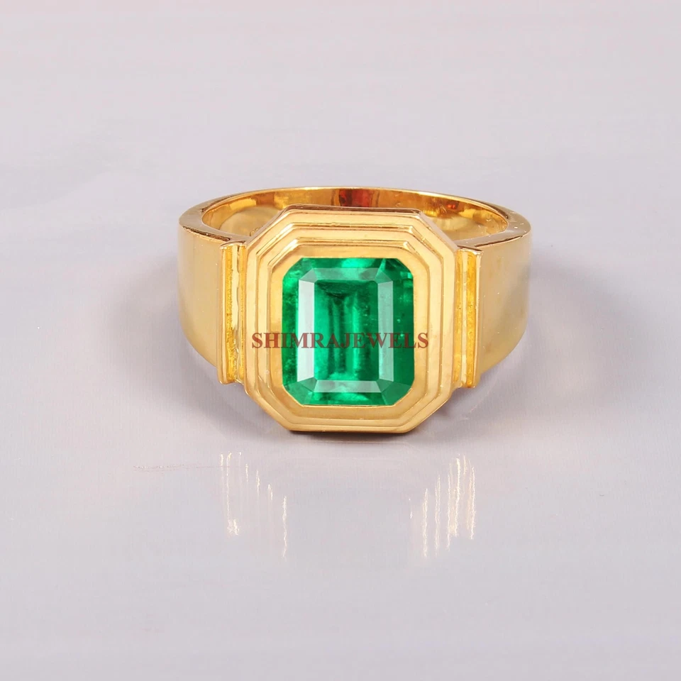 Simulierte Smaragd Edelstein Mit 18K Vergoldetem Silber Herrenring #1820 - Bild 2 von 4