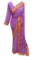 Women's Indian contrast border Lilac Saree with Ready made Blouse apparel 7195