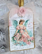 Shabby Chic Victorian Cherub Angel Pink Roses Bow Decoupage Christmas Ornament