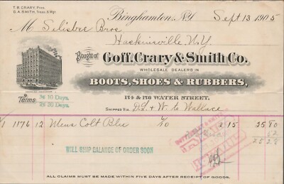 1905 Bill Head Goff Crary and Smith Co Boots Shoes and Rubbers Letterhead