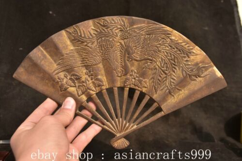 11.2" Ancient Chinese Bronze Dynasty Palace Phoenix Flower Fan Statue Sculpture - Picture 1 of 7