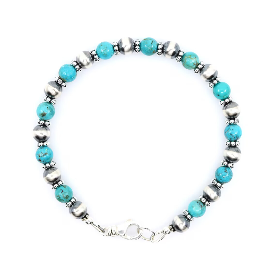 6mm Round Blue Kingman Turquoise & Sterling Silver Navajo Pearl Beaded Gemstone