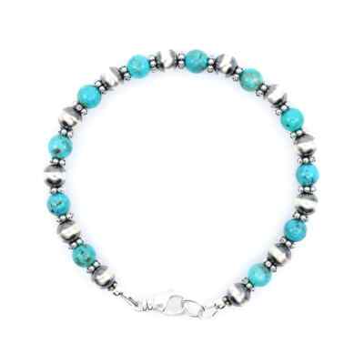 Navajo Pearl Turquoise Bracelet 6mm Round Blue Kingman Turquoise Sterling Silver