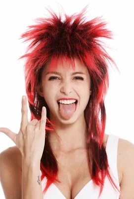 WIG ME UP Peluca Carnaval Punk Vokuhila Rocker Wild 80s Wave touped largo negro rojo