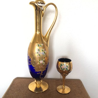 Murano Venetian Blue Glass Decanter 24Kt Gold Lf Hand Painted 5