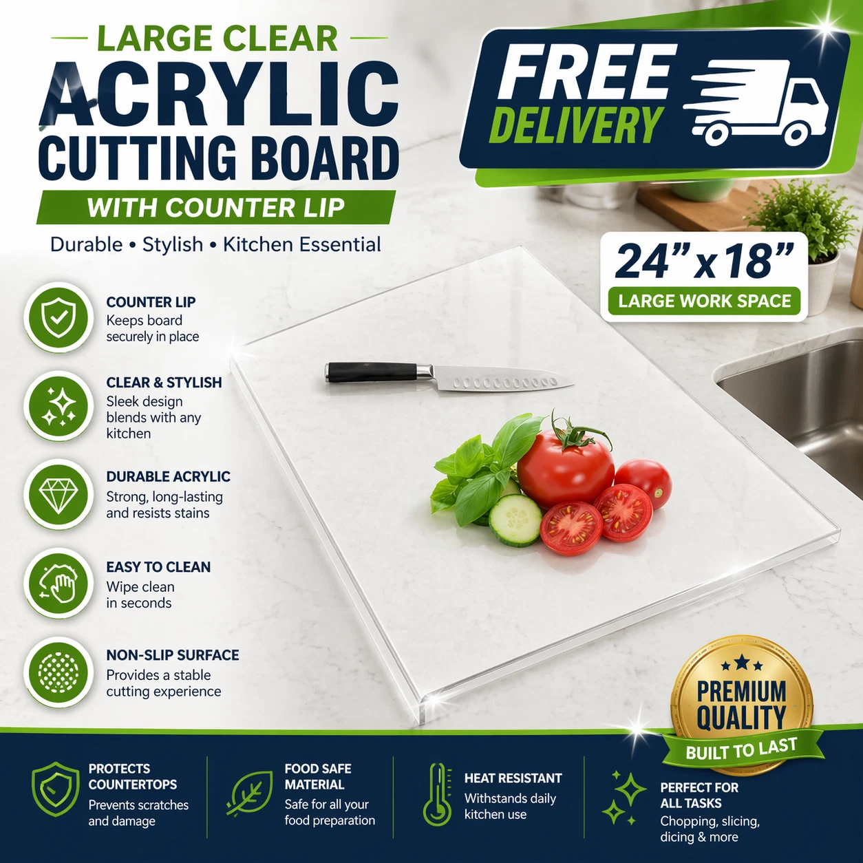 Large Acrylic Cutting Board 24x18 Clear w/ Counter Lip Kitchen FREE DELIVERY