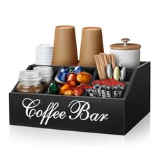 Coffee Station Organizer Pods Holder for Counter, Farmhouse Wood 6 Compartments