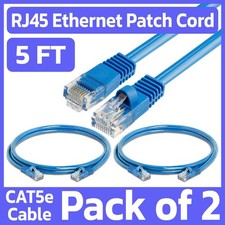 2 Pack Cat5e Patch Cable Blue 5FT Ethernet Cord Lan Network Internet Wire RJ45