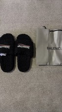 Balenciaga Men's Black Faux Fur Slide Slippers US Size 9 Comfort Designer Logo
