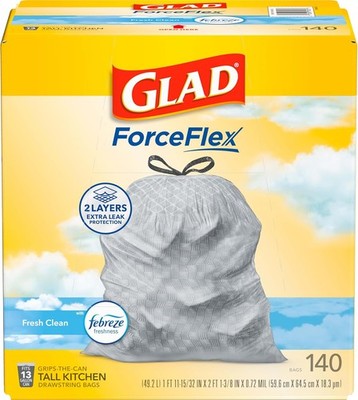 Glad ForceFlex Tall Kitchen Trash Bags, 13 Gallon, Fresh Clean, 140 Count (Packa
