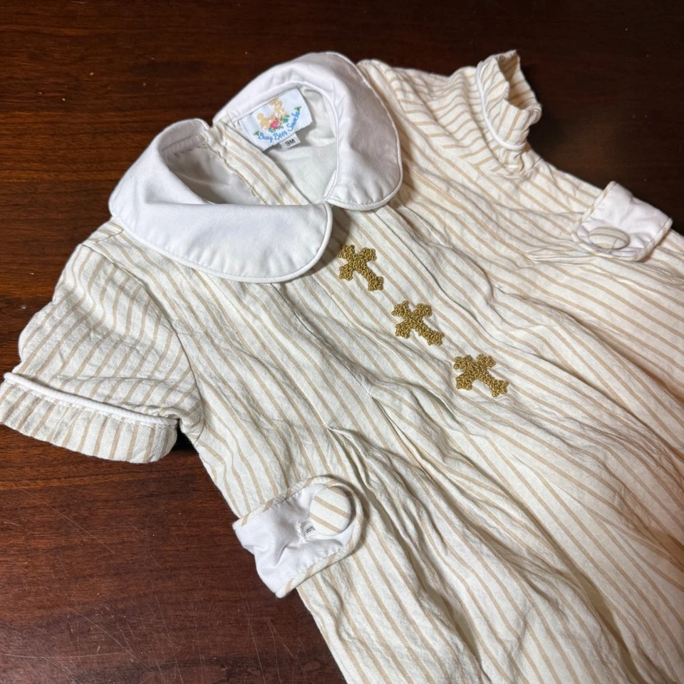 Mameluco para bebé niño a rayas beige dorado cruz traje de bautizo de abejas ocupadas calado 9M Foto 2 de 4