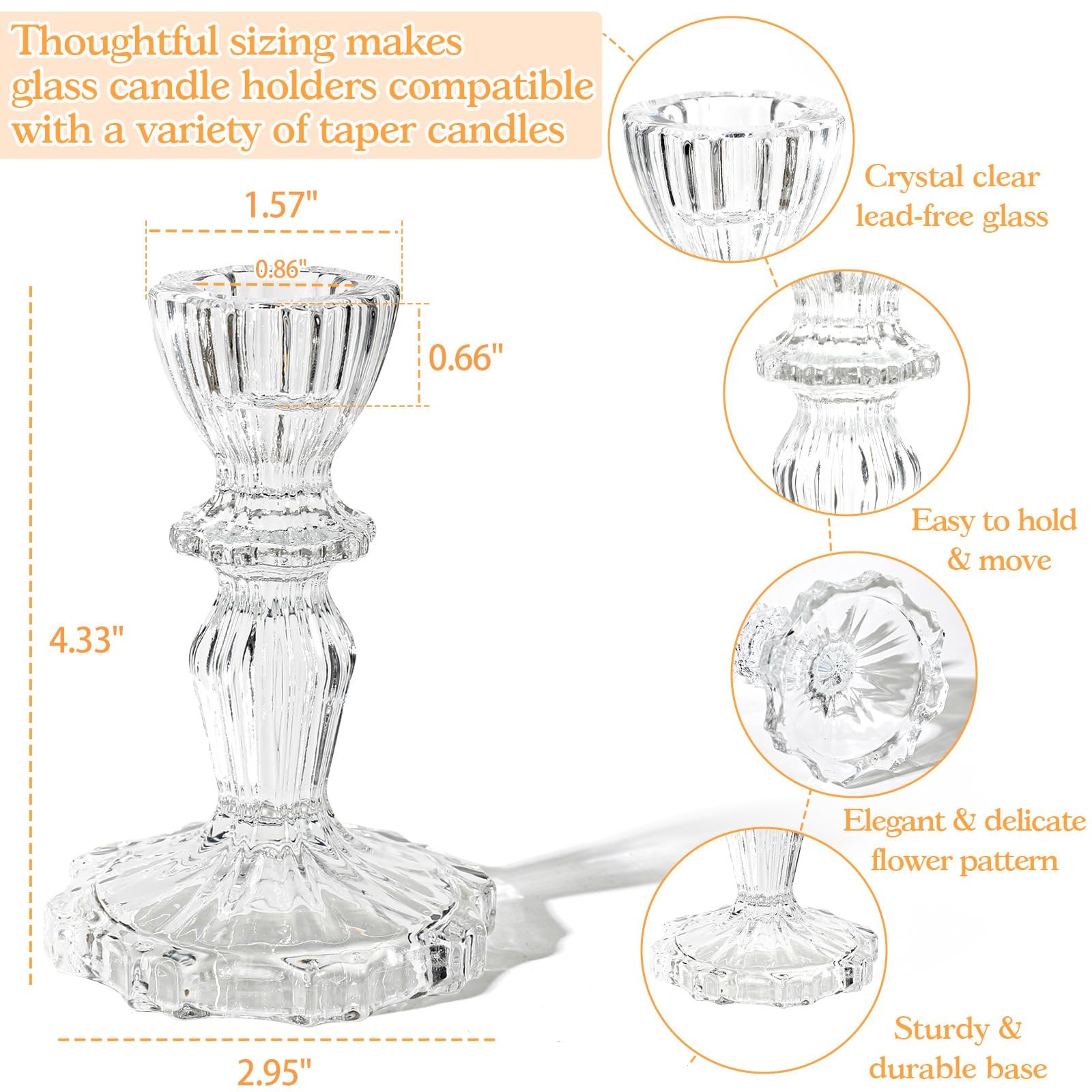 4 Tall Glass Candlestick Holder Set of 6 Clear Crystal Glass Candle Holders for
