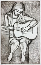 Irving Amen Guitar Signed Etching 89/200 Woman Music Modernist MCM Print