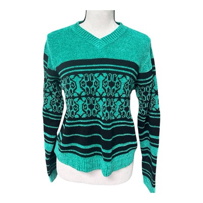 Vintage Amanda Smith Chenille Sweater Green Black Geometric S