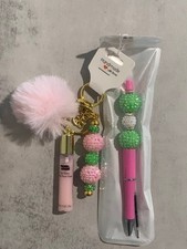 Cute Pink  Green Beaded Pen  Lip Gloss Pom-Pom Keychain Set