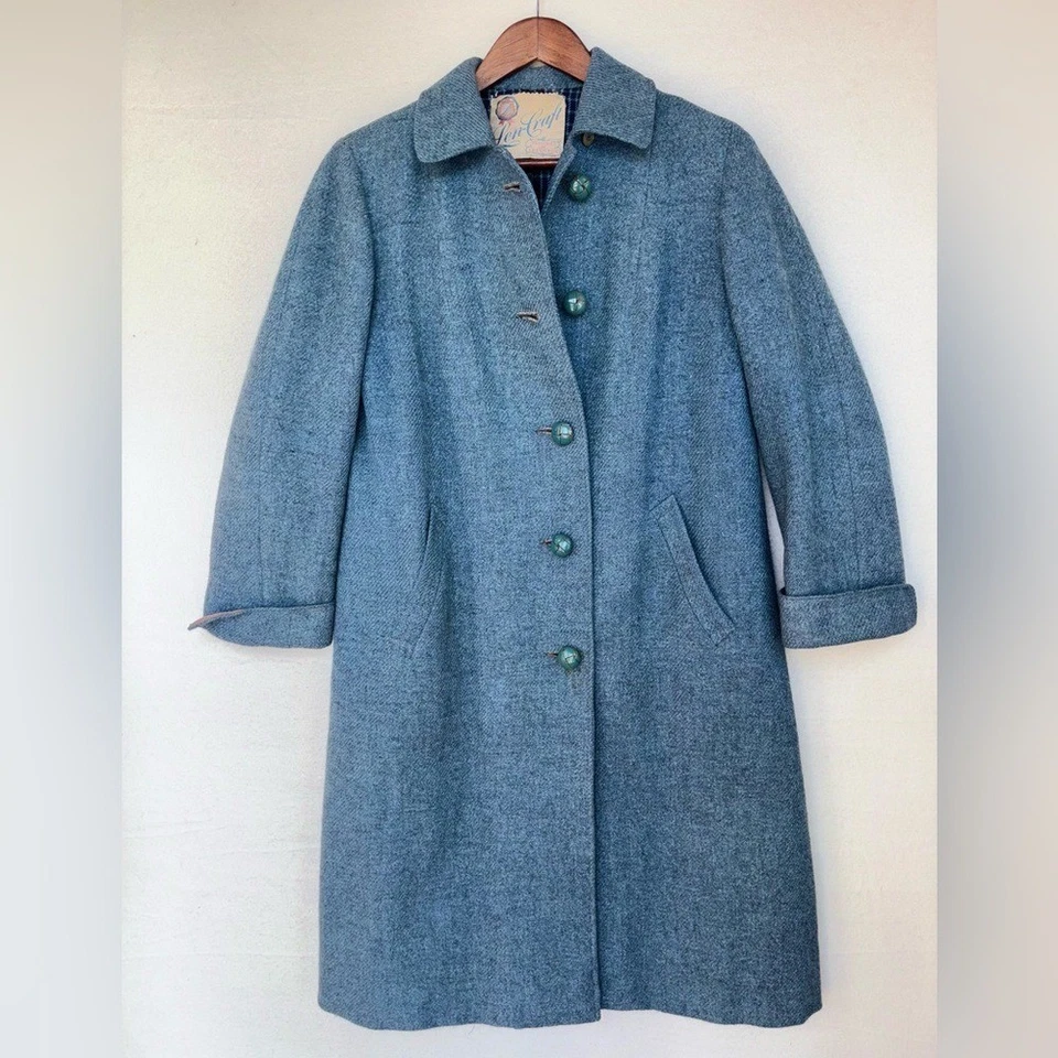 VINTAGE Harris Tweed Long Coat Blue 1950s Plaid Handwoven Scotland Len-Craft 12 - Image 2 of 4