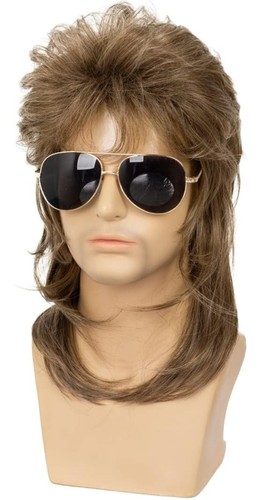 Long Straight Light Brown 80s Disco Mullet Wig Halloween Costume Wig Cosplay 42 - Picture 2 of 6