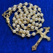 White Glass Pearl First Communion Rosary Gold Tone Metal 15 Inch Italy