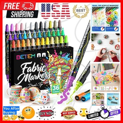 36 Colors Dual Tip Acrylic Paint Markers, Fabric Decorating Kits  Water-Based...