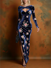 Vintage Style Dark Blue Velvet Floral Split Maxi Dress Cross Neck L XL