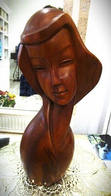 Vintage Balinese Lady Bust: Teak Wood Sculpture Bali Art 3 lbs.  Signed 13 x 6''