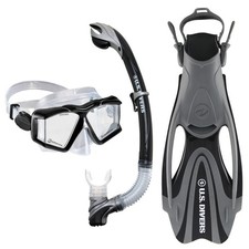 US Divers Adult Sideview Mask, Astro Snorkel, Fins Set, Black/Silver, Size Small