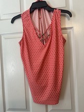Express Coral Geometric V-Neck Tie-Front Slee...