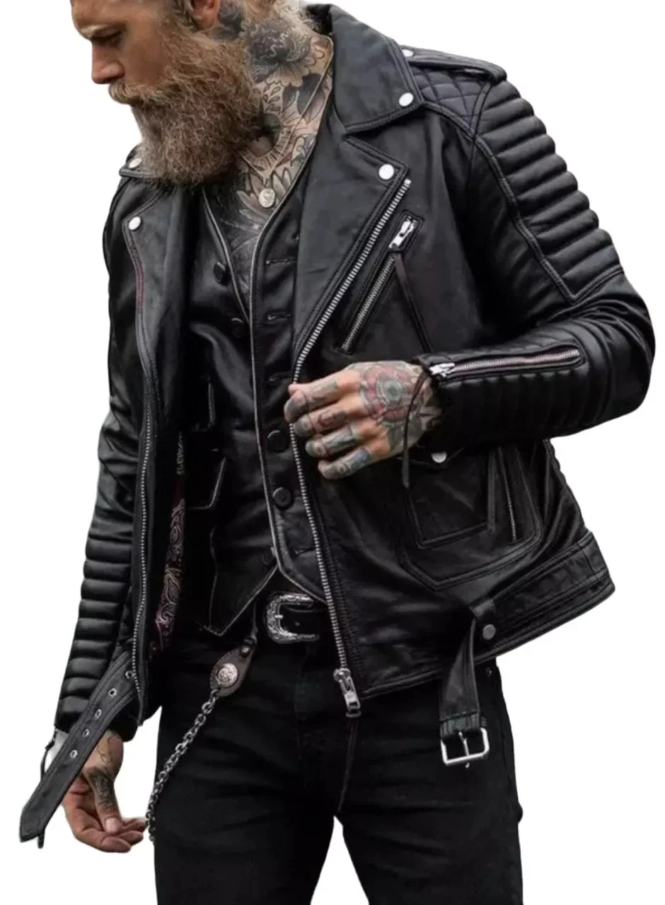 Men's Black Biker Leather Jacket, Quilted Moto Style Winters Jacket, All Sizes.