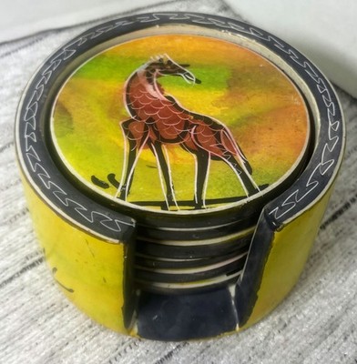 Traditional African Stone Made Coaster Set of (x6) with Holder -Yellow Ceramic