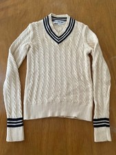 Uniqlo Ladies Knit V-Neck Sweater Cream Navy Lines Size S