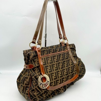 FENDI Tote bag Charm Zucca Shoulder bag FF logo Handbag Leather Canvas Y2K Auth