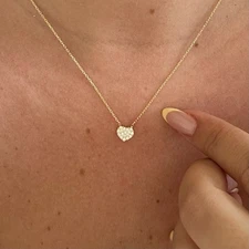 14k Gold Lab-Created Diamond Pave Heart Necklace Pendant Gift Women, Her Jewelry