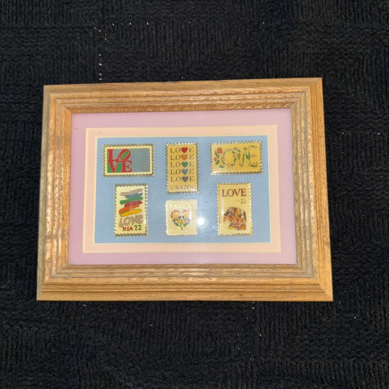 LOVE Set of 7 Metal Enamel Postal Stamps Matted & Framed Collectible POC 