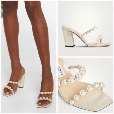 New JIMMY CHOO Amara Metallic Pearly Two-Band Sandals